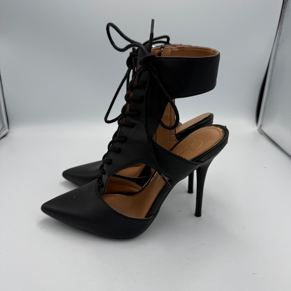 Jessica Simpson Black Lace Up Party Club Stiletto Heels Size 7.5M Cutout Pump